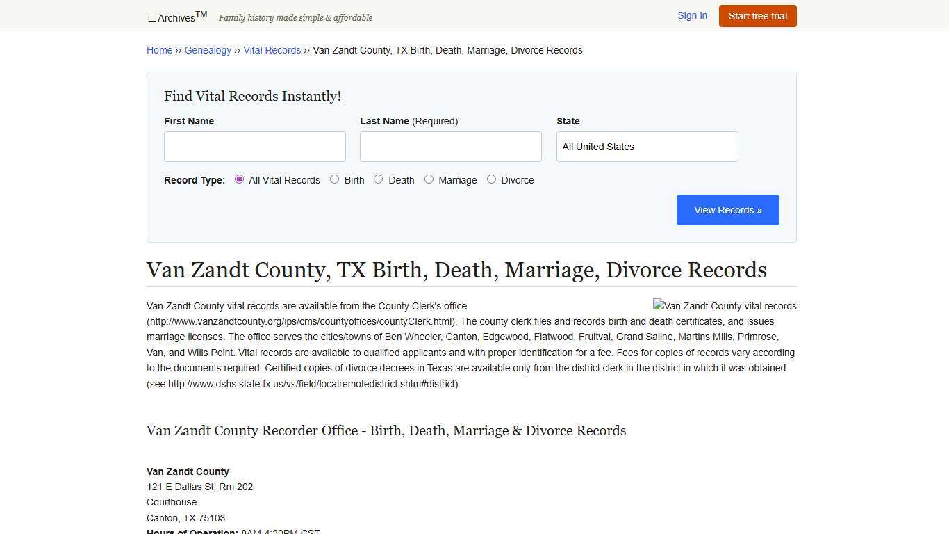 Van Zandt County, TX Birth, Death, Marriage, Divorce Records